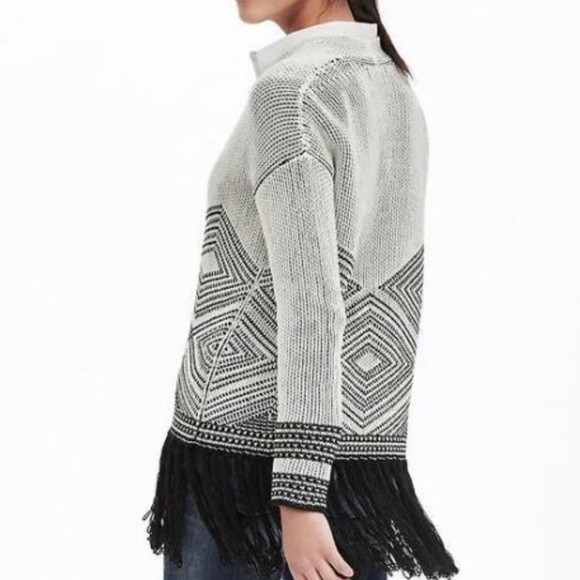 BANANA‎ REPUBLIC L Aztec Fringe Cardigan Black White Longline Cotton Wool Blend - Picture 2 of 8